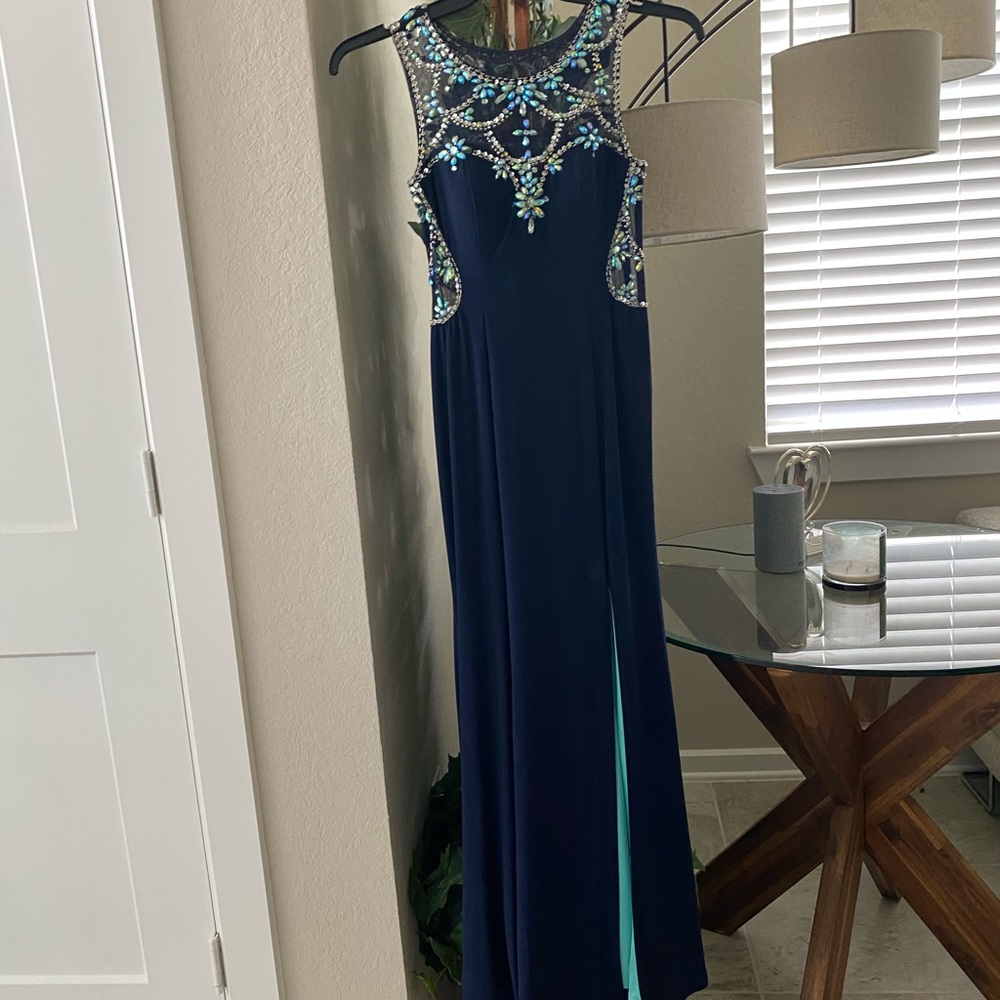 Camille La Vie Navy Beaded Formal dress
